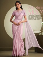 Elegant Pink Crepe Georgette Silk Sequins Readymade Saree